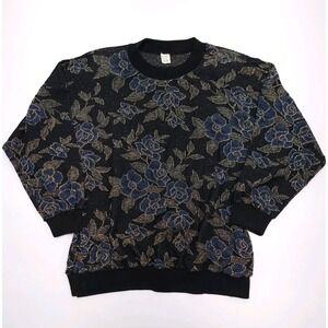 Vintage Womens Sweater Gold Metallic Blue Rose Floral Crewneck One Size Fits All